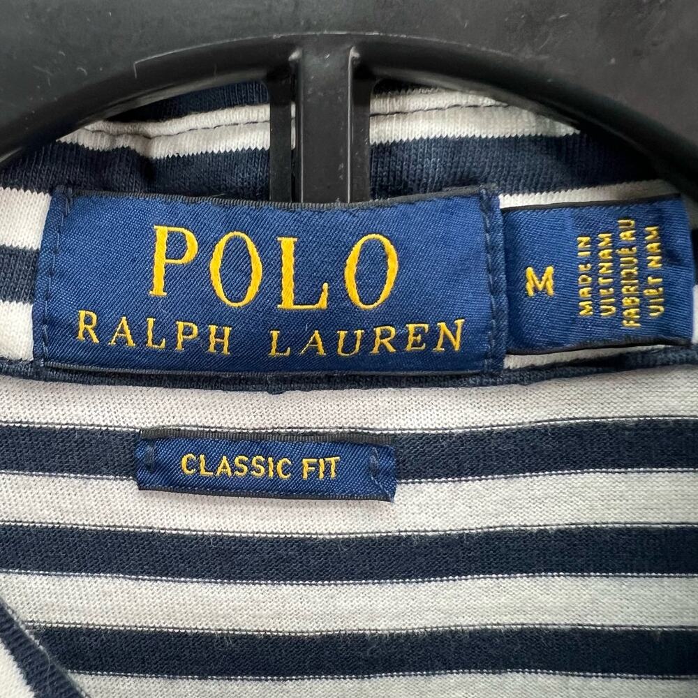 Polo Ralph Lauren Shirt Men M Blue Stripe Polo‎ Logo Classic Fit Nautical Preppy - Picture 10 of 12